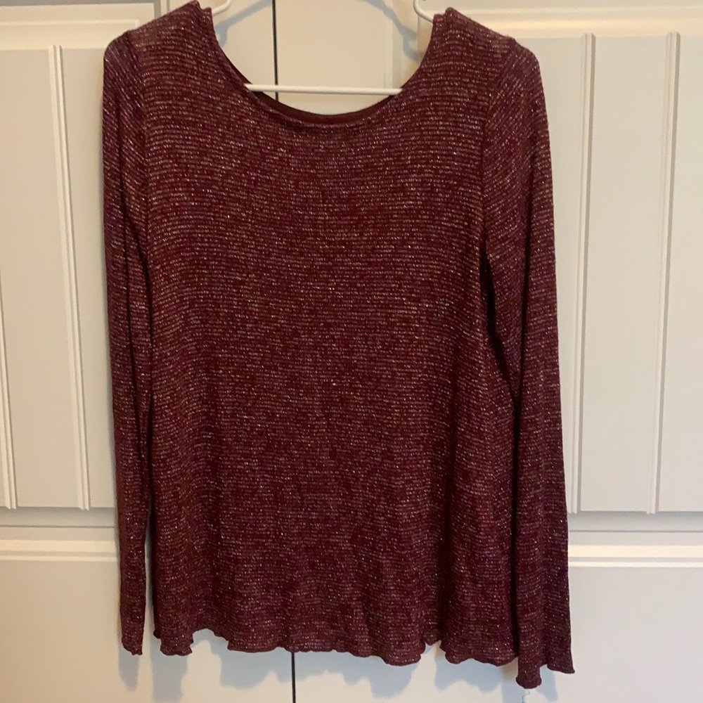 Burgundy metallic threaded top with flowy back